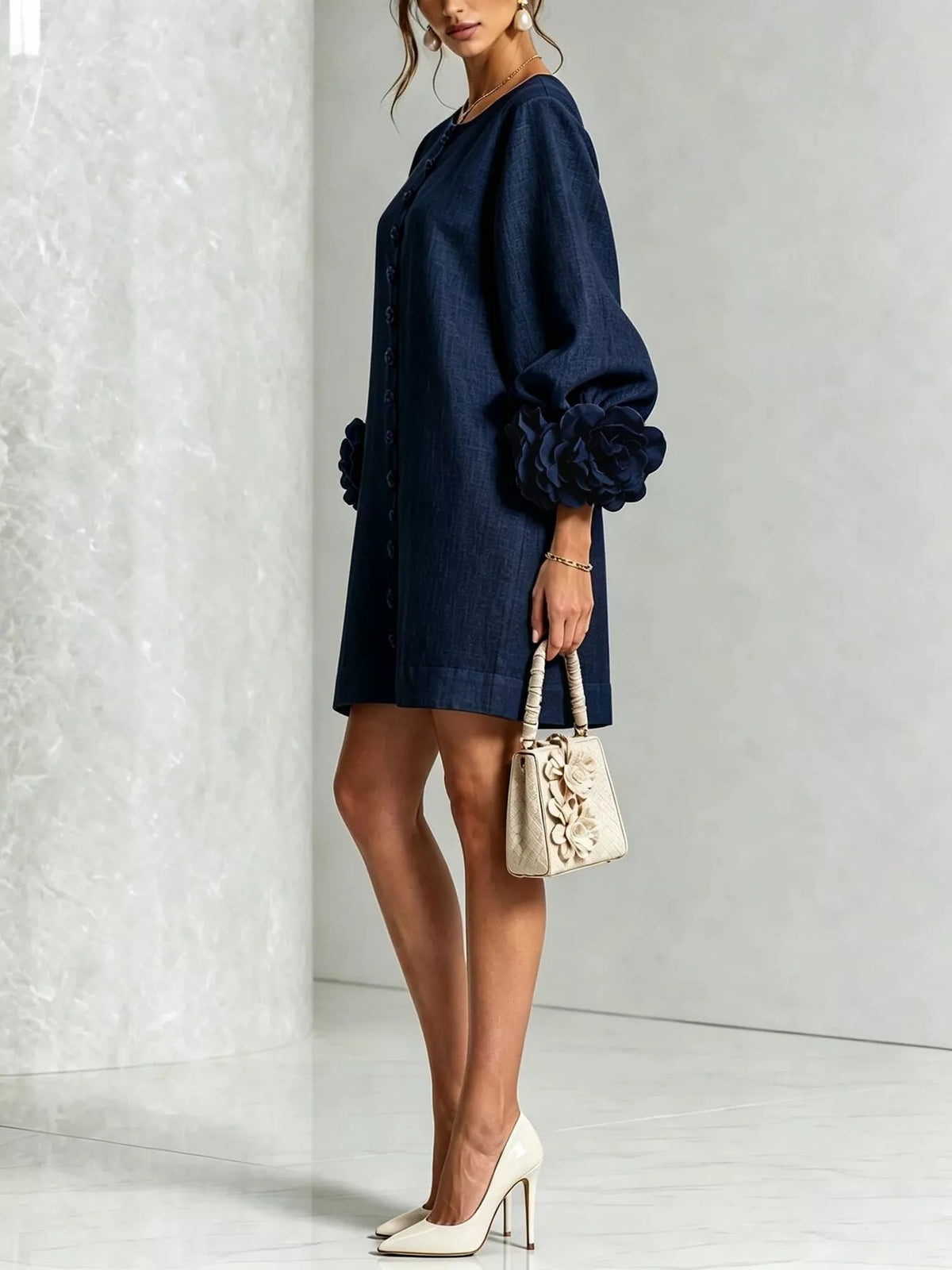 Full Size 3D Floral Round Neck Mini Dress Plus Size - Lilixa.store