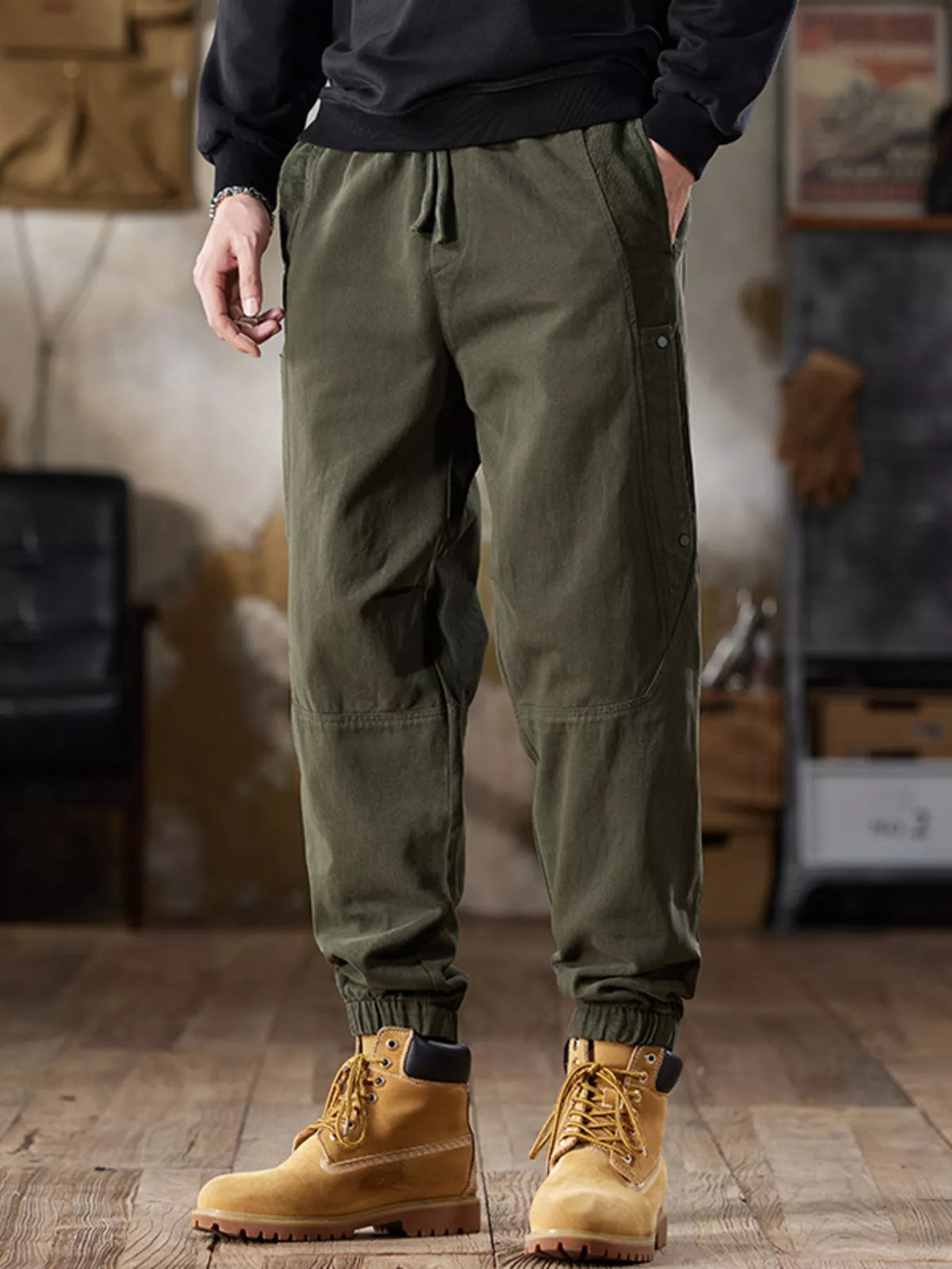 Men's Full Size Casual Drawstring Cargo Joggers Plus Size in Military Green