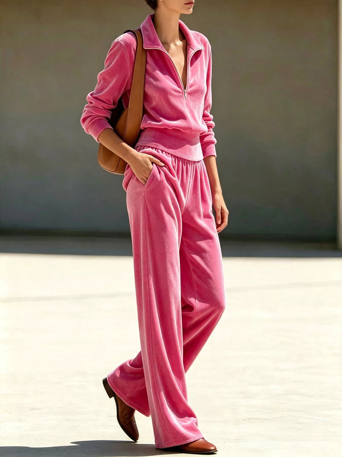 Full Size Quarter-Zip Top and Wide-Leg Pants Set Plus Size, view 3