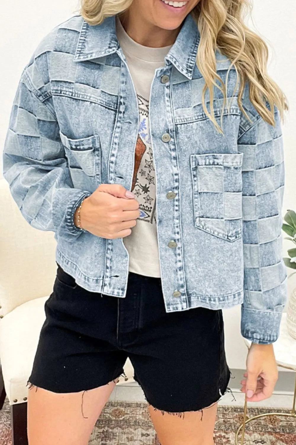 Button Up Wash Denim Jacket in Light Blue, view 3