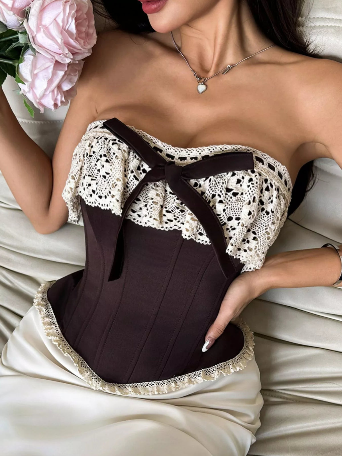 Crochet Lace Strapless Boned Corset Lace‑Up Waist Cincher Tube Top - Lilixa.store