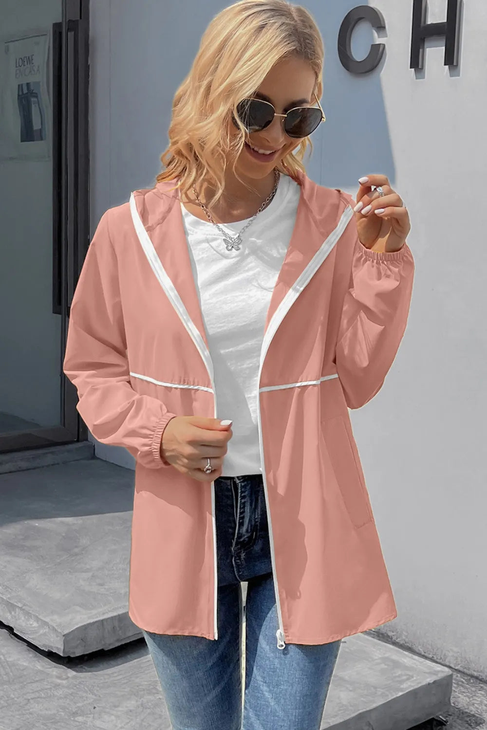 Ivy Lane Zip Up Long Sleeve Hooded Watertight Jacket in Blush Pink
