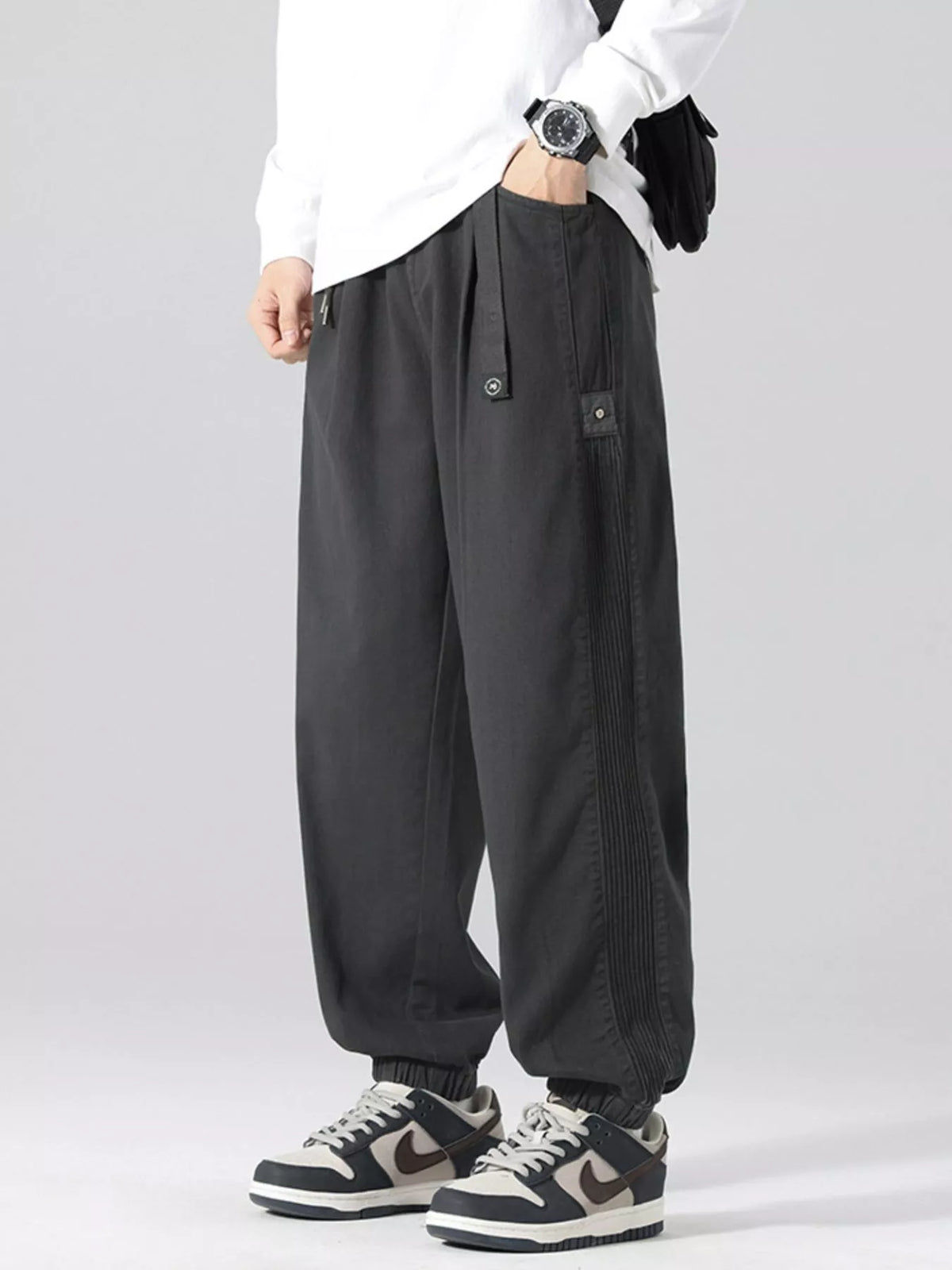 Men's Plus Size Drawstring Cargo Joggers with Pockets in Grey