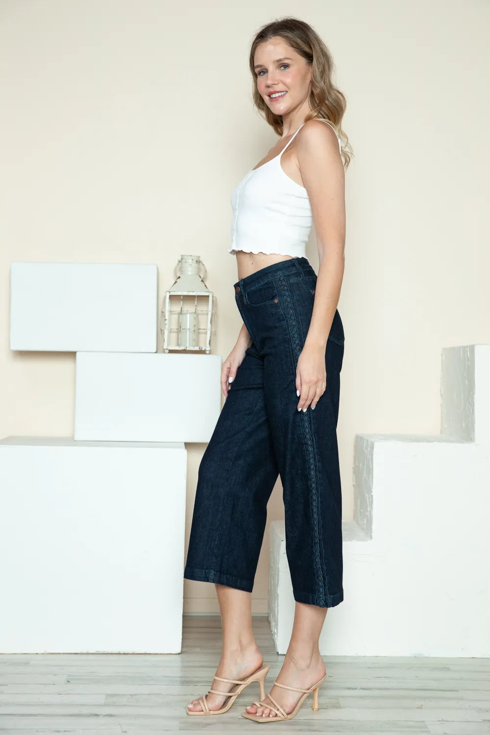 Judy Blue Full Size Side Seam Braid Detail Crop Wide Leg Jeans - Lilixa.store