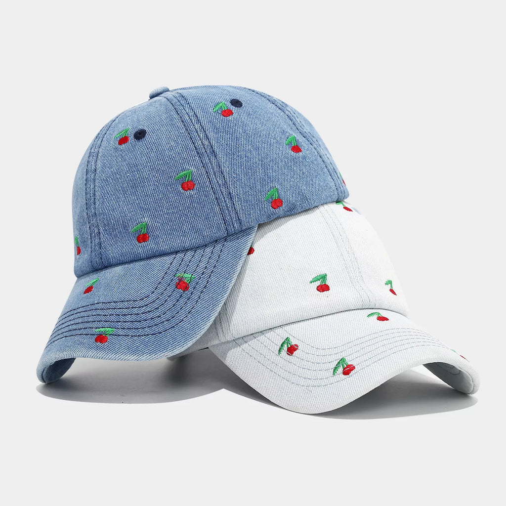 Cherry Embroidered Denim Baseball Cap - Lilixa.store