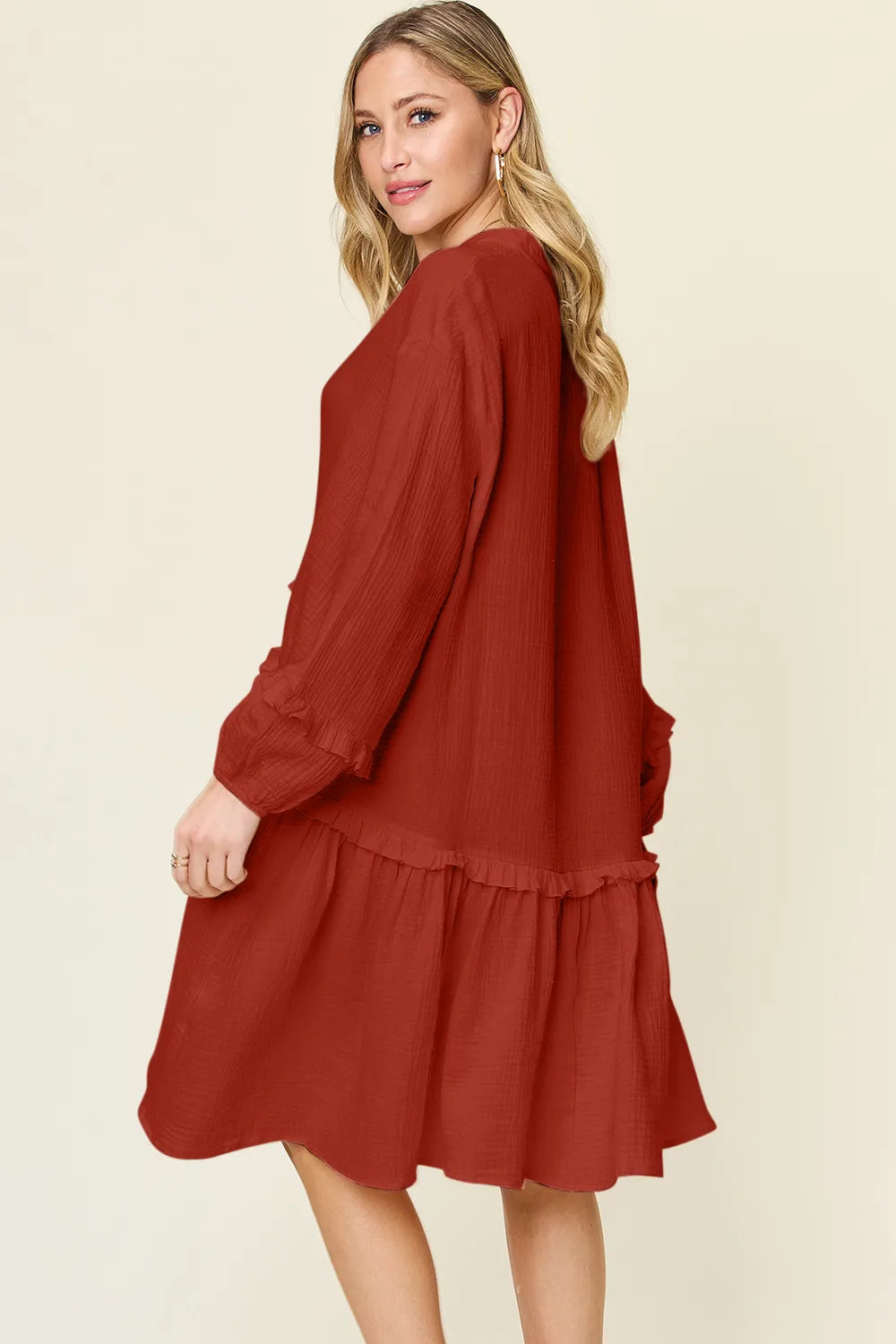 Double Take Full Size Texture Half Button Ruffle Trim Dress - Lilixa.store