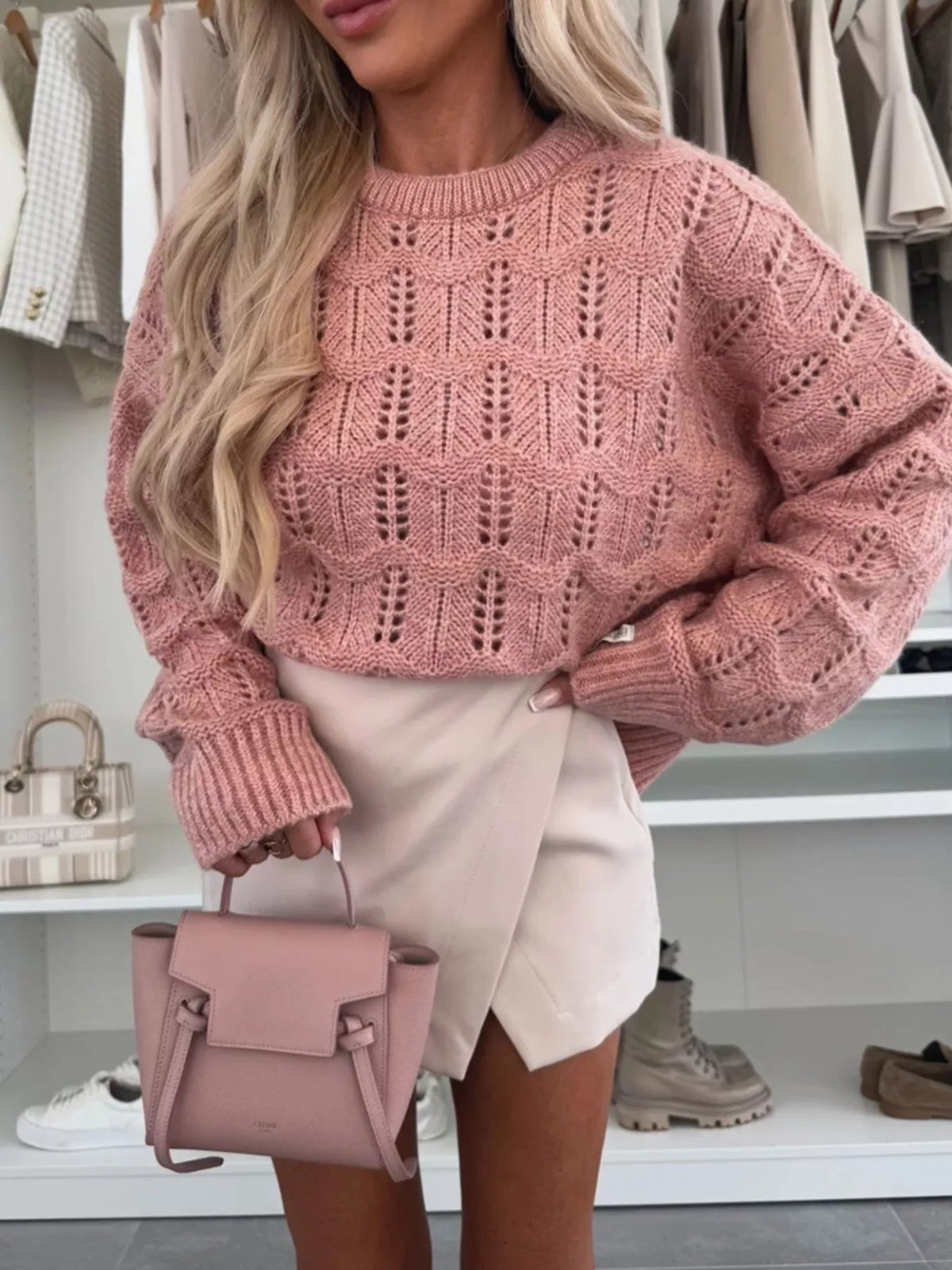 Openwork Round Neck Sweater - Lilixa.store