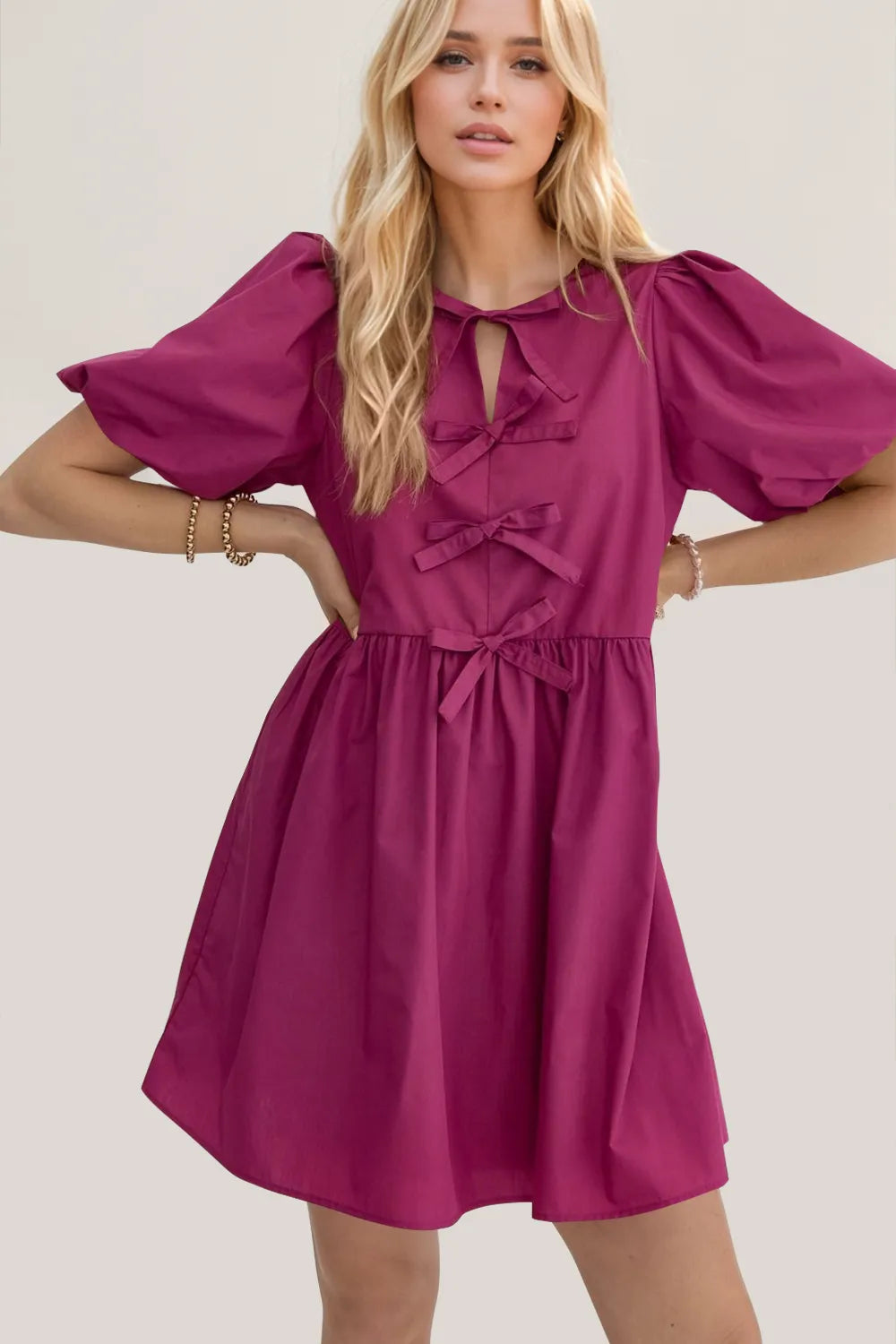 Oh Bow Ruched Puff Sleeve Mini Dress in Cerise, view 3