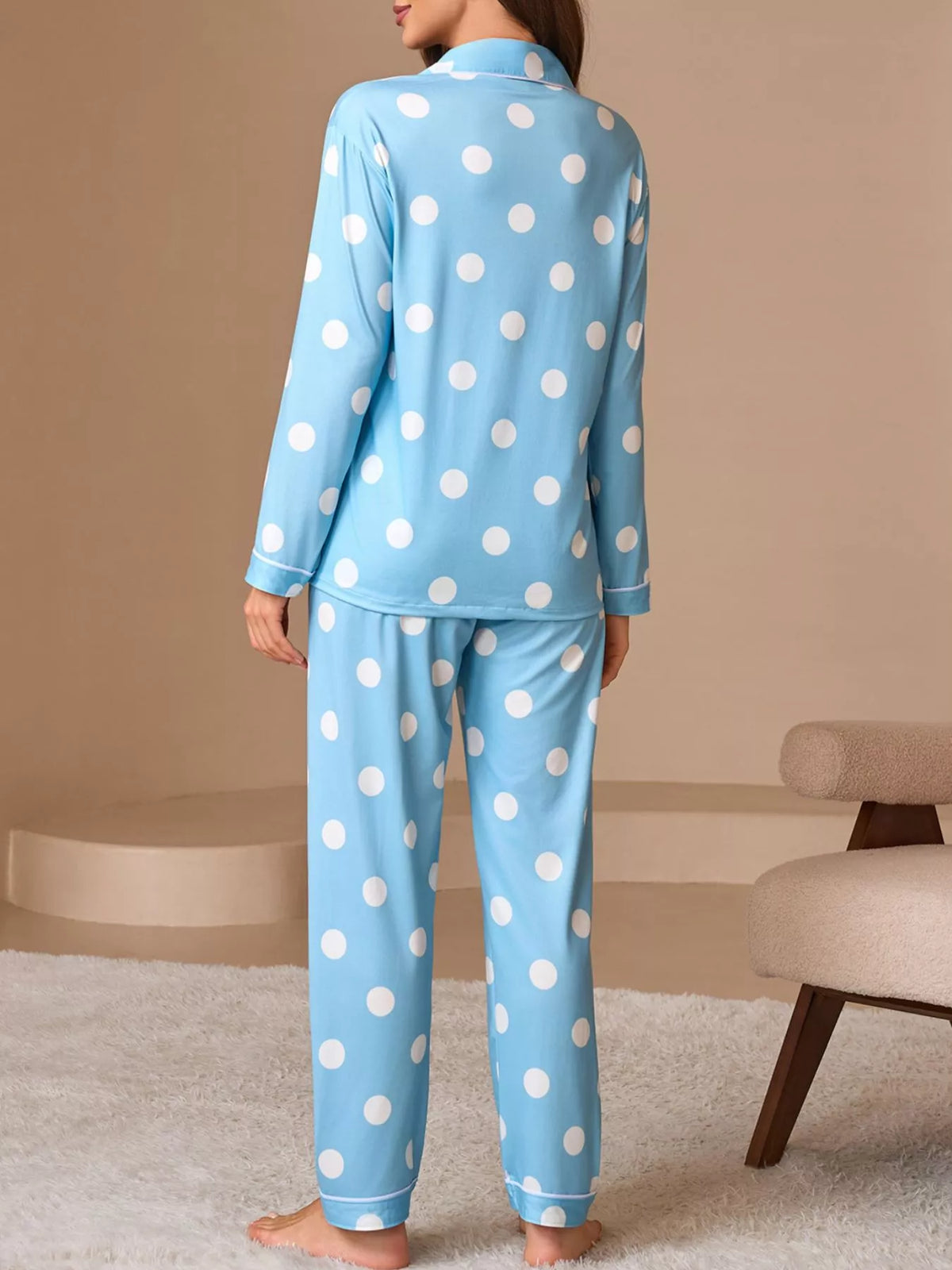 Polka Dot Button-Down Top and Pants Lounge Set - Lilixa.store