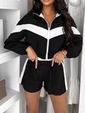 Color Block Zip-Up Jacket and Shorts Two-Piece Set - Lilixa.store