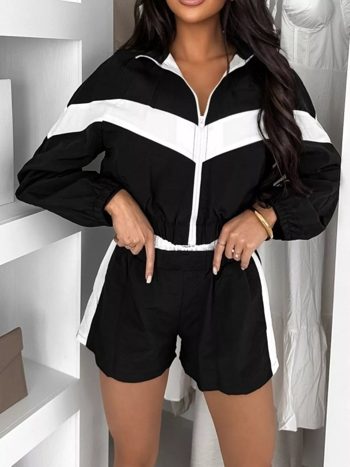 Color Block Zip-Up Jacket and Shorts Two-Piece Set - Lilixa.store