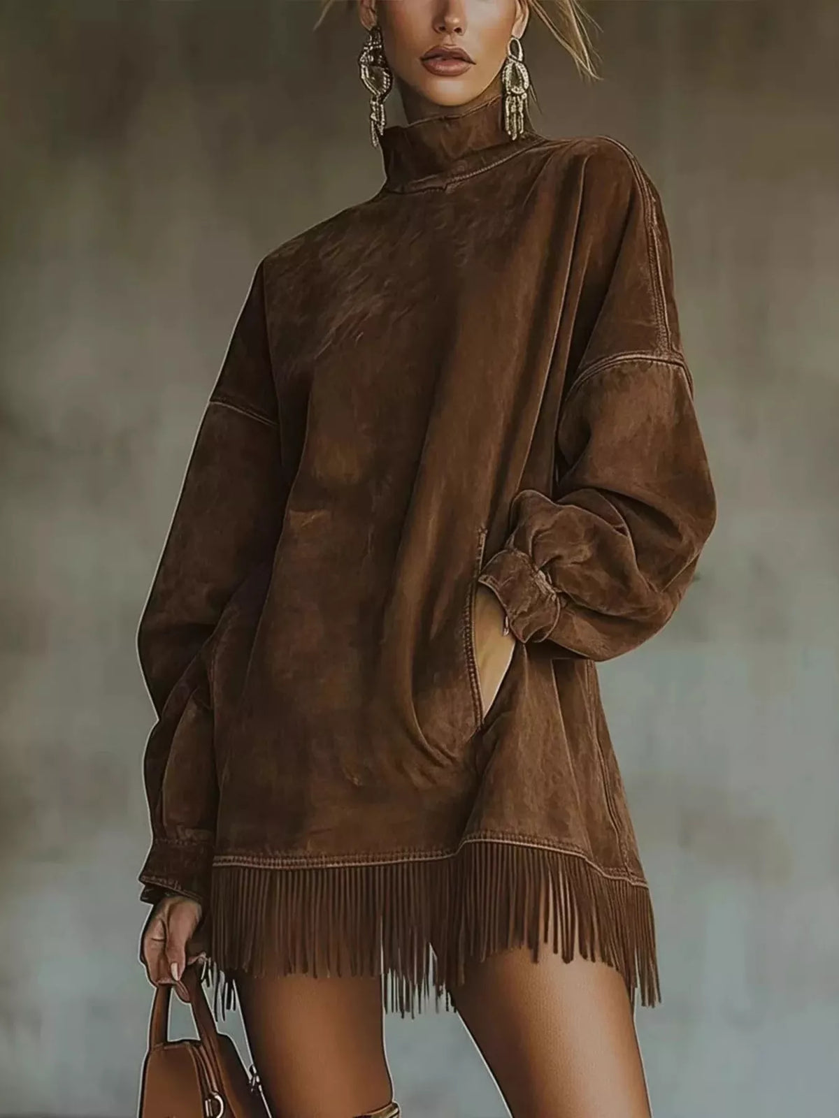 Full Size Mock Neck Fringed Hem Long Sleeve Mini Dress Plus Size