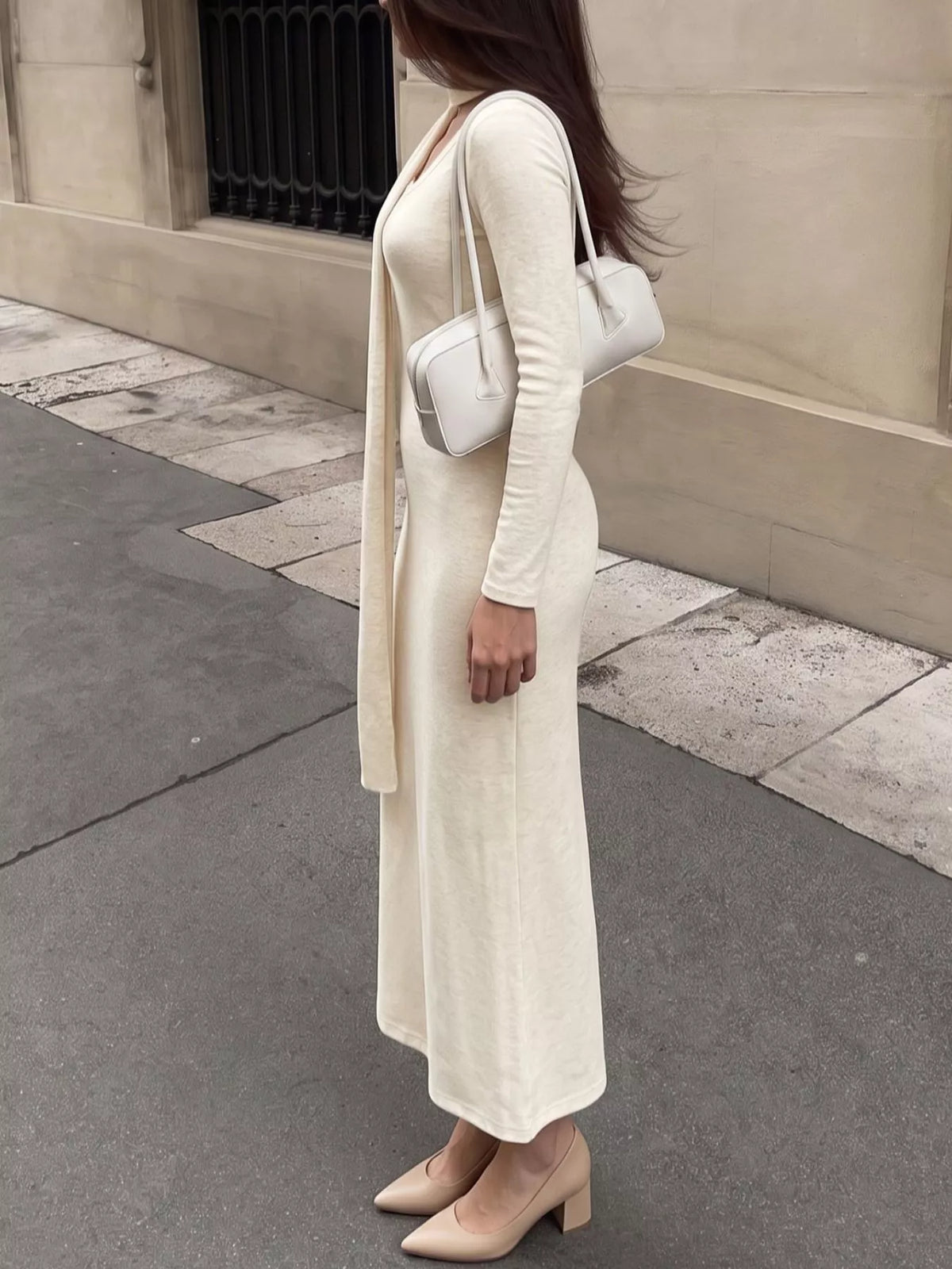 Round Neck Maxi Knit Dress with Matching Scarf - Lilixa.store