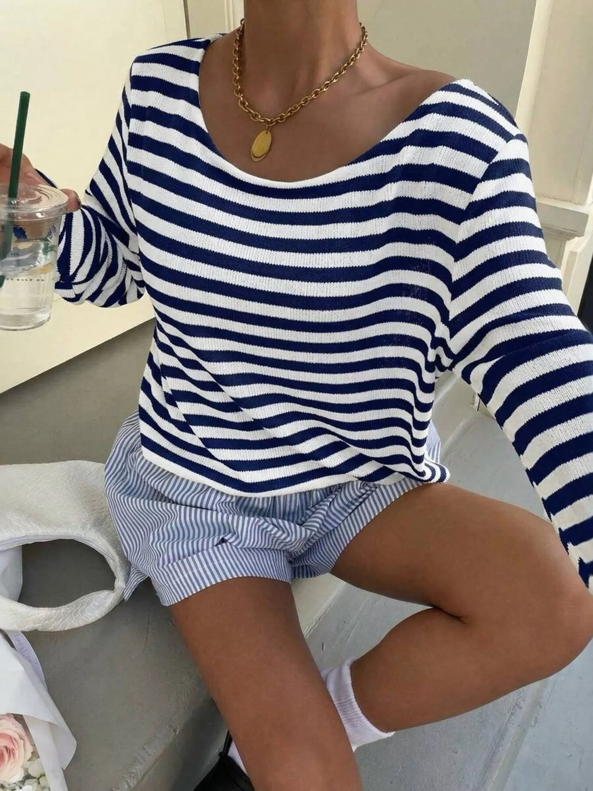 Boat Neck Striped Long Sleeve T-Shirt
