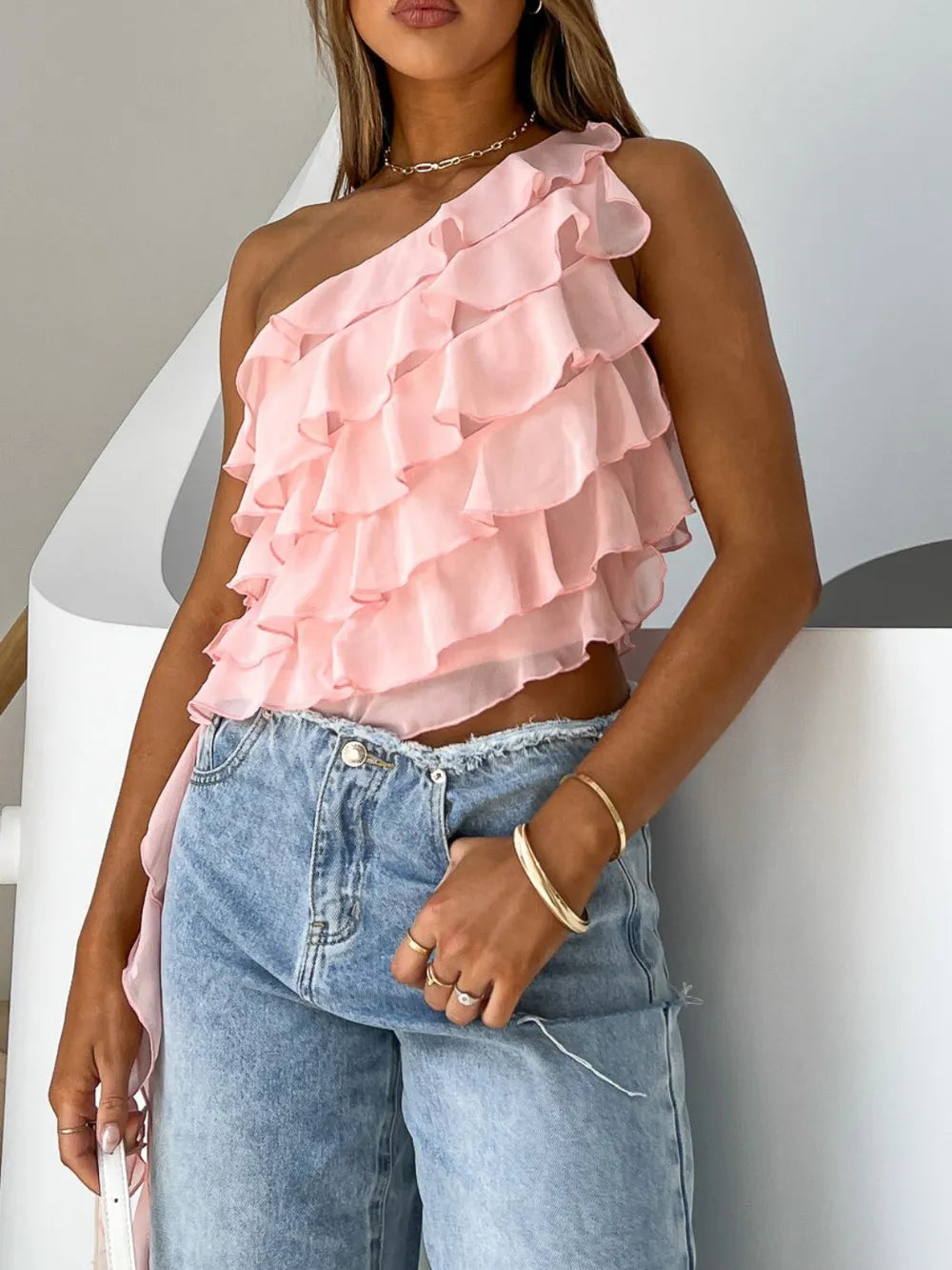 Layered Ruffled One Shoulder Tank - Lilixa.store