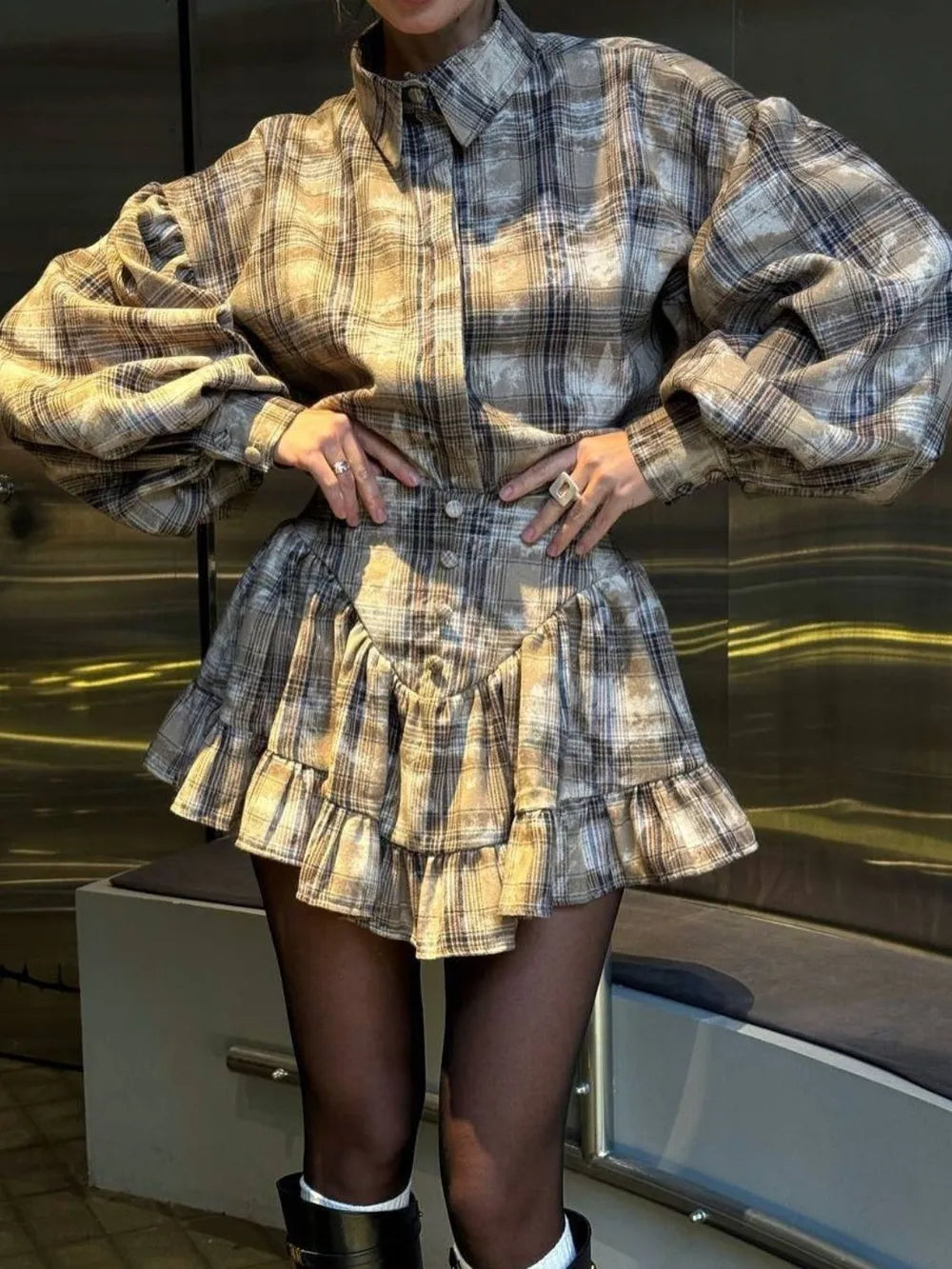 Lantern Sleeve Shirt and Ruffled Skirt Set - Lilixa.store
