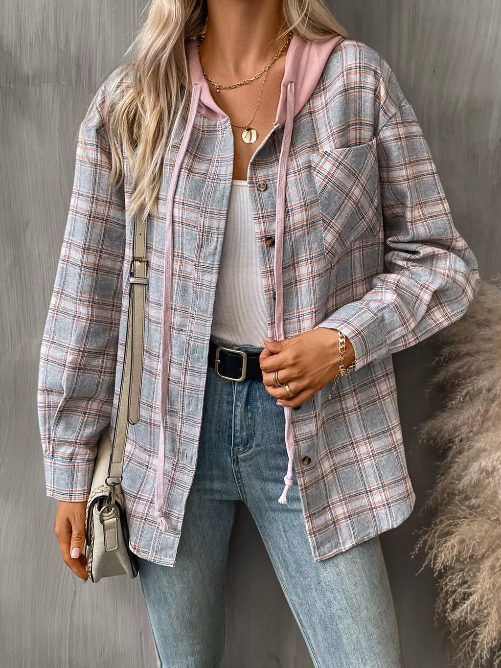 Plaid Button-Up Hooded Shirt with Chest Pocket - Lilixa.store