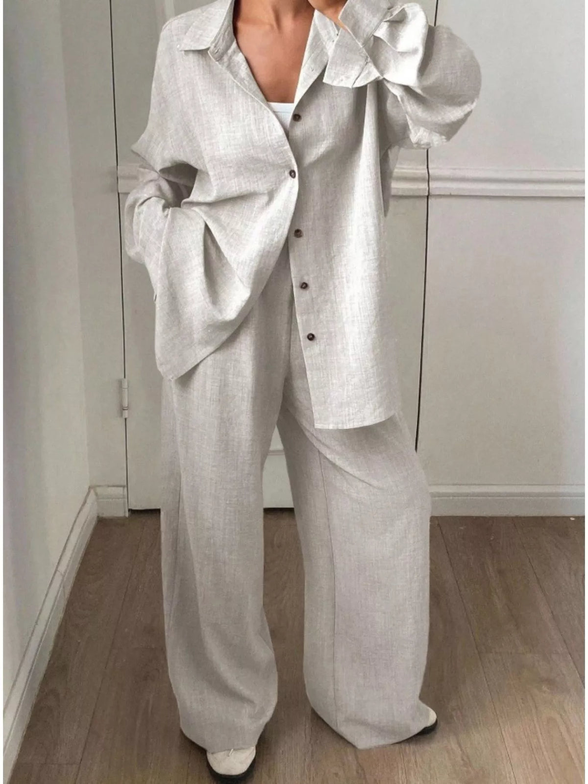 Button-Down Shirt and Wide-Leg Pants Set in Apricot