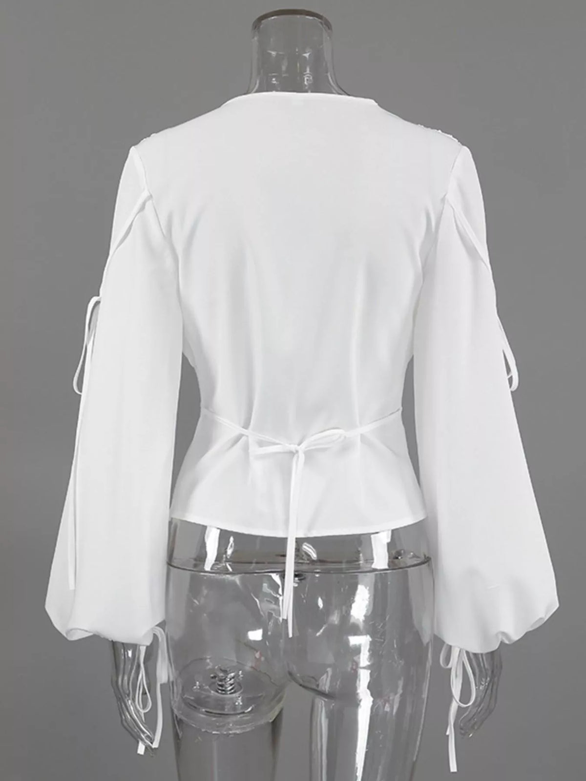 Tied V-Neck Balloon Sleeve Blouse in White, view 10