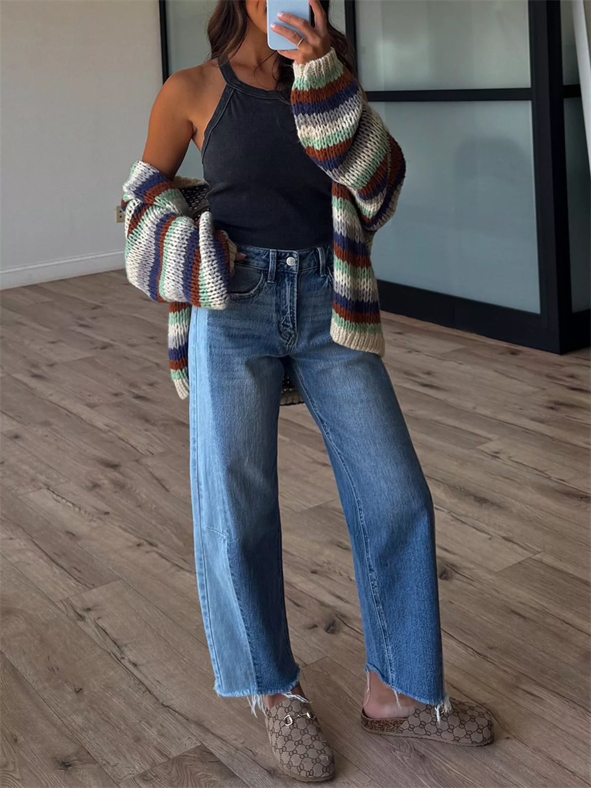 Multi-Color Striped Chunky Knit Open-Front Cardigan - Lilixa.store