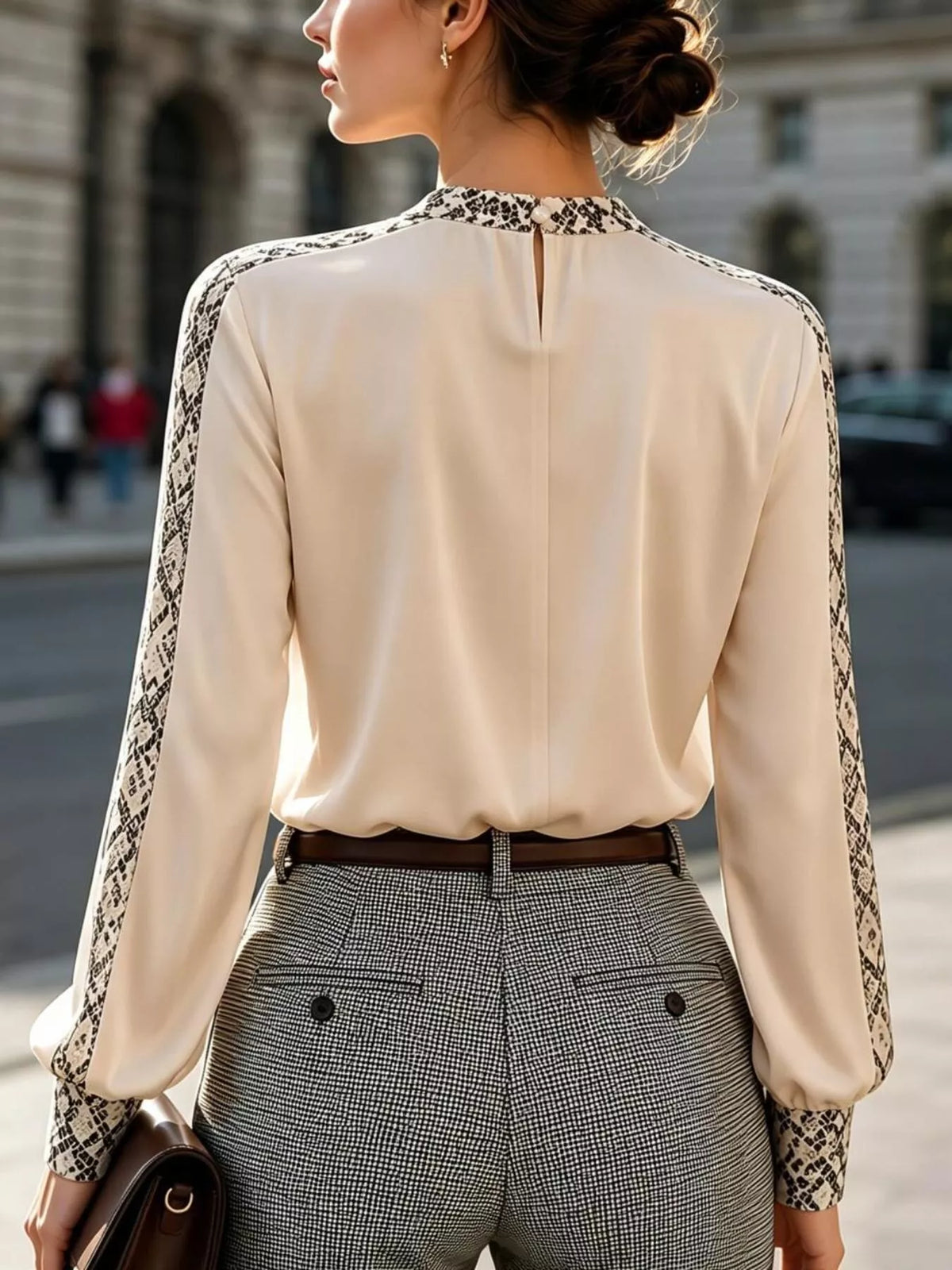 Snake Print Contrast Trim Satin Blouse, view 5