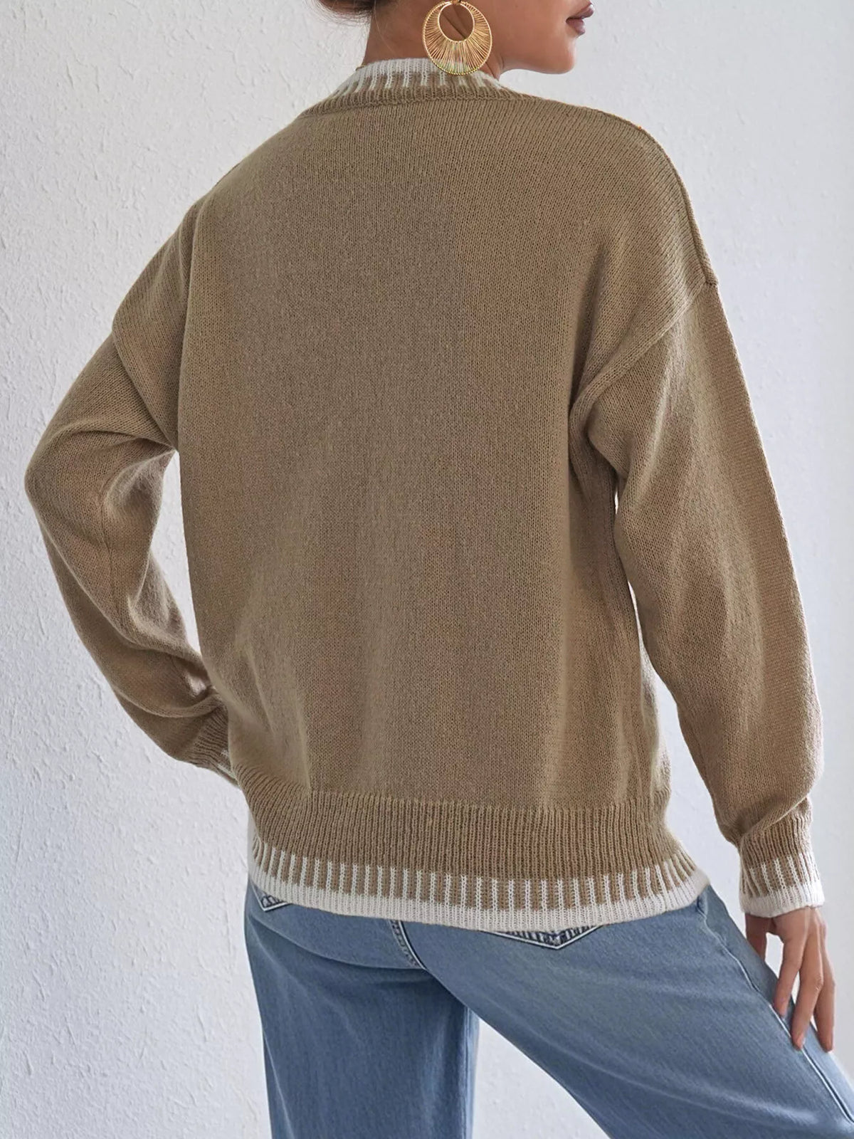Contrast Trim Crew Neck Drop Shoulder Sweater - Lilixa.store