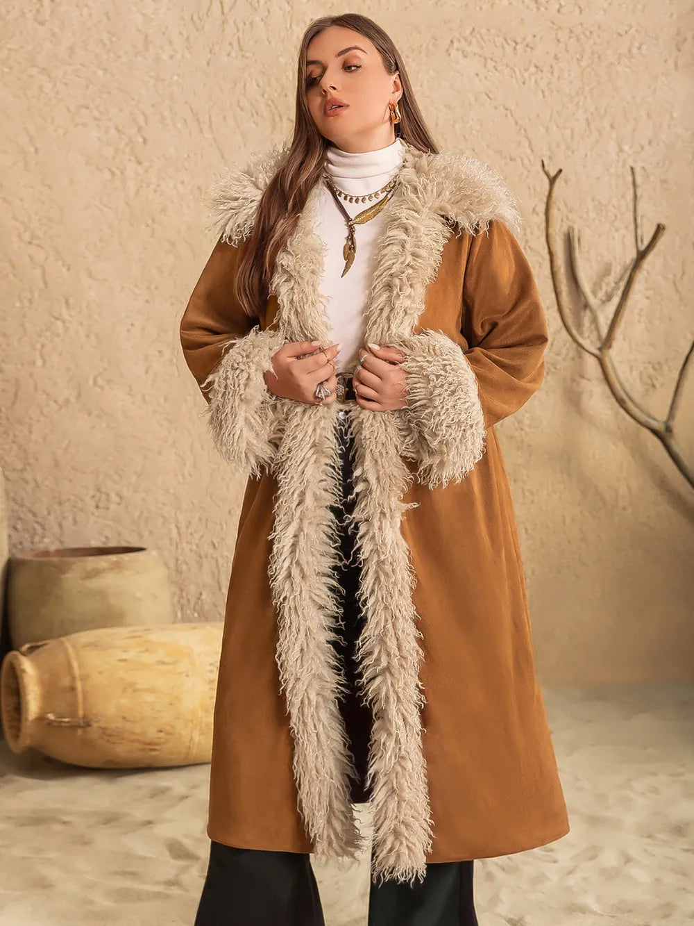Plus Size Furry Trim Open Front Long Sleeve Coat in Caramel, view 3