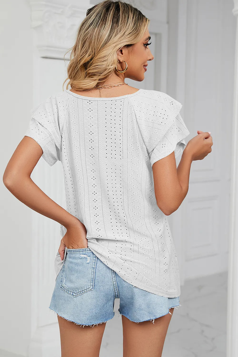 Eyelet V-Neck Short Sleeve T-Shirt - Lilixa.store