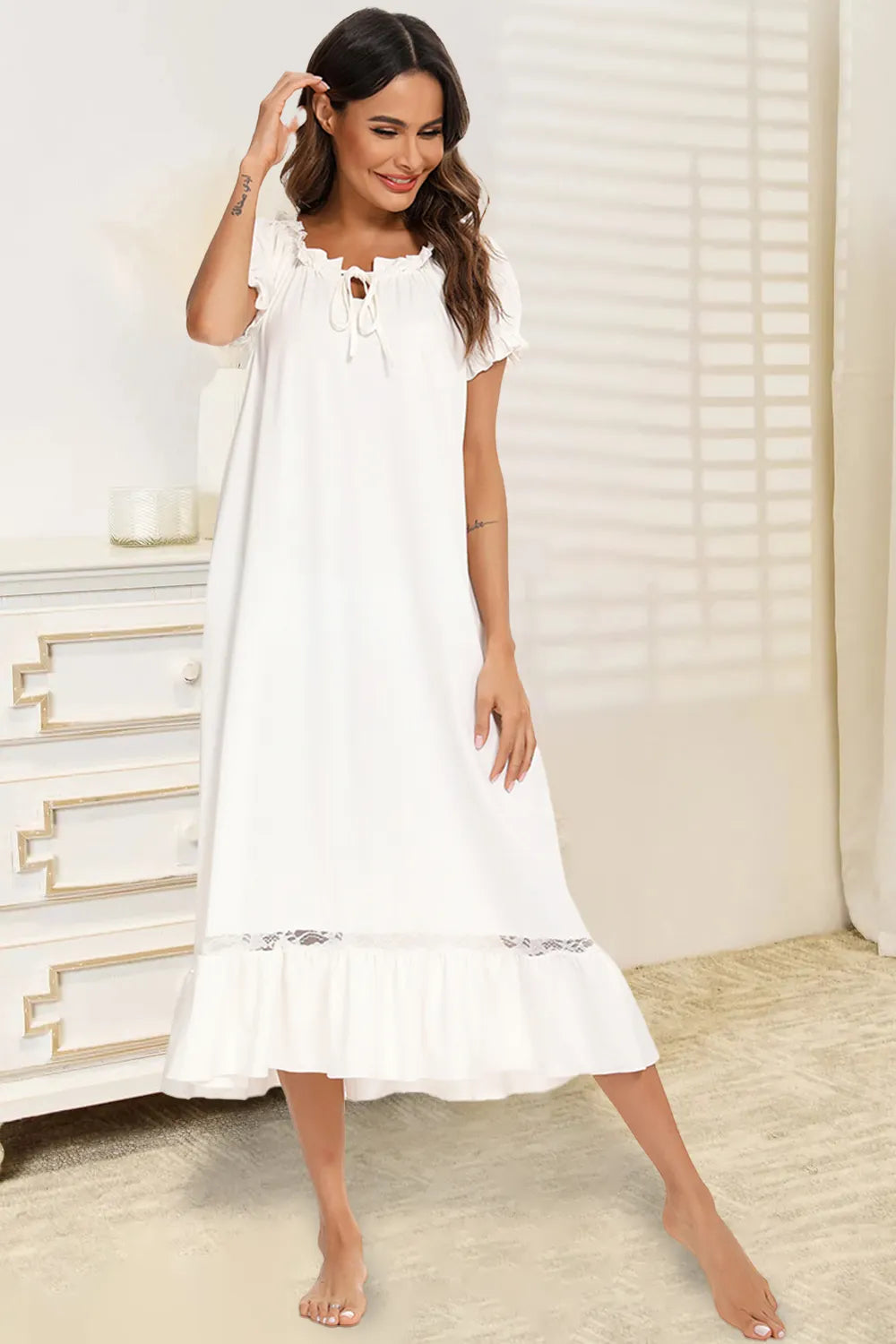 Lace Detail Short Sleeve Lounge Dress in White