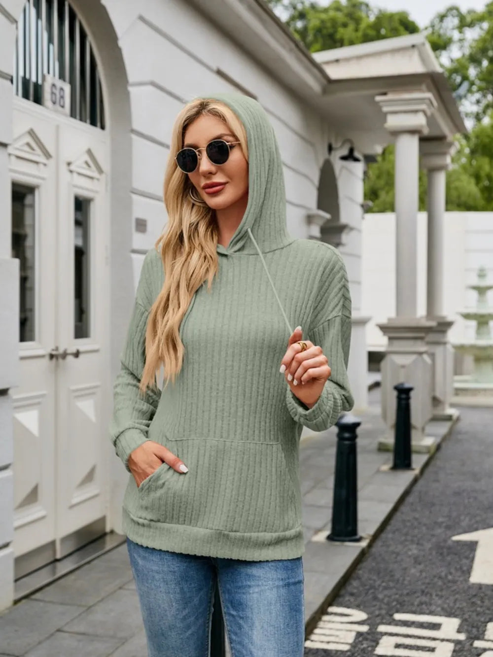 Ribbed Drawstring Long Sleeve Hoodie - Lilixa.store