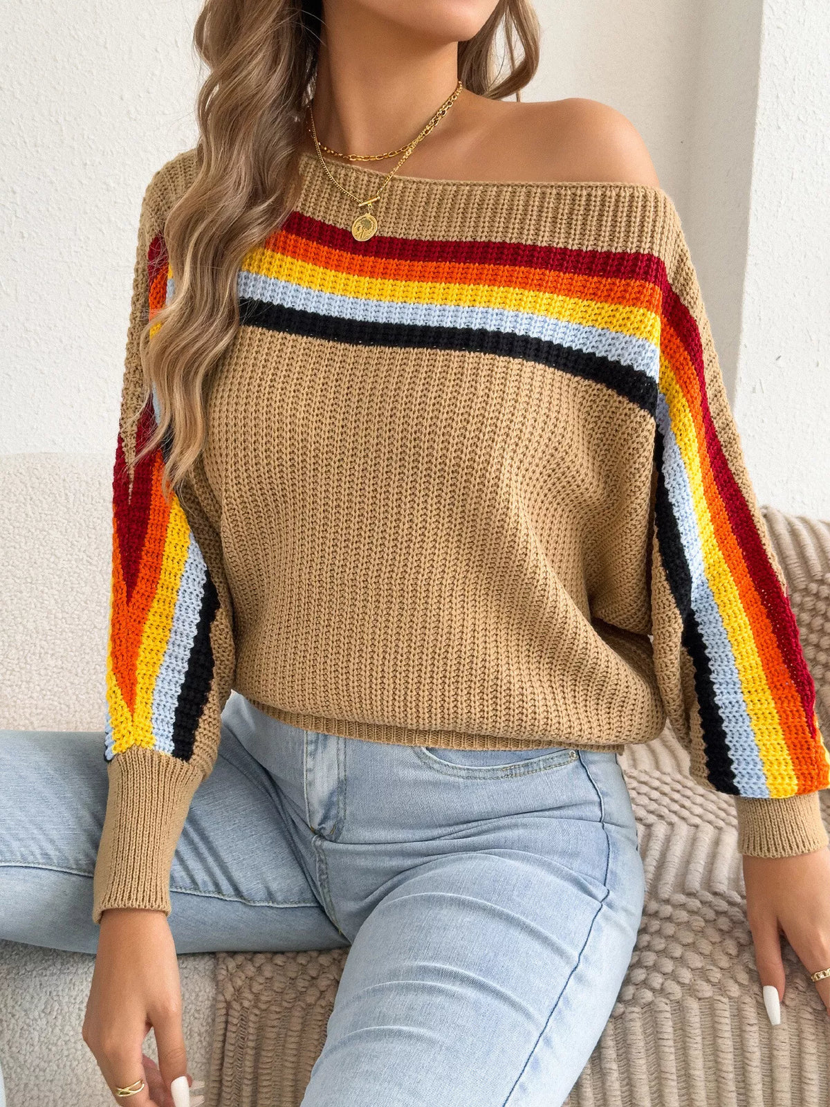 Striped Knit Boat Neck Sweater