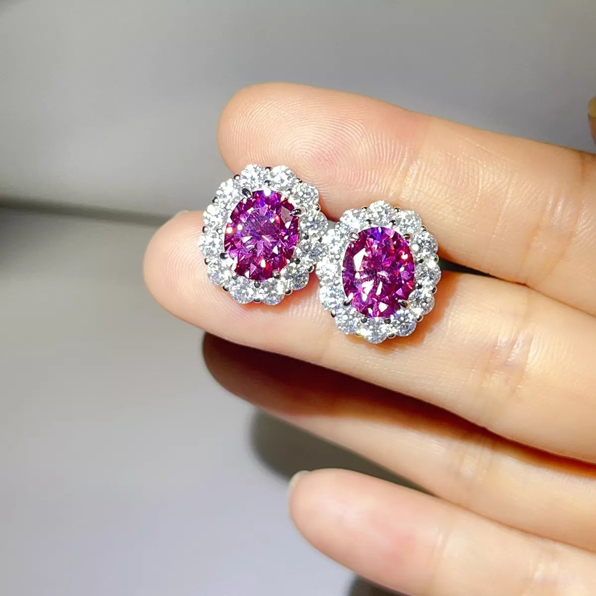 6 Carat 925 Sterling Silver Moissanite Stud Earrings in Hot Pink, view 5