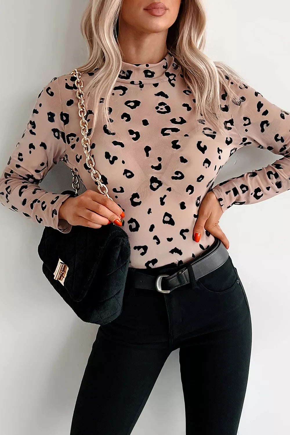 Mock Neck Sheer Mesh Leopard Long Sleeve Bodysuit - Lilixa.store
