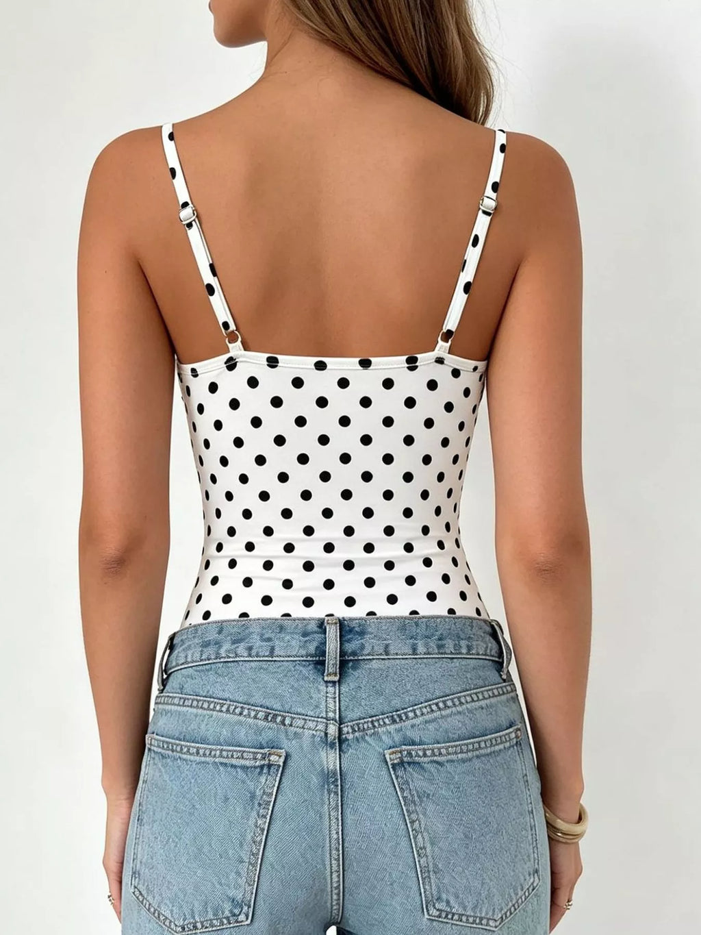 Polka Dot Cowl Neck Spaghetti Strap Bodysuit - Lilixa.store