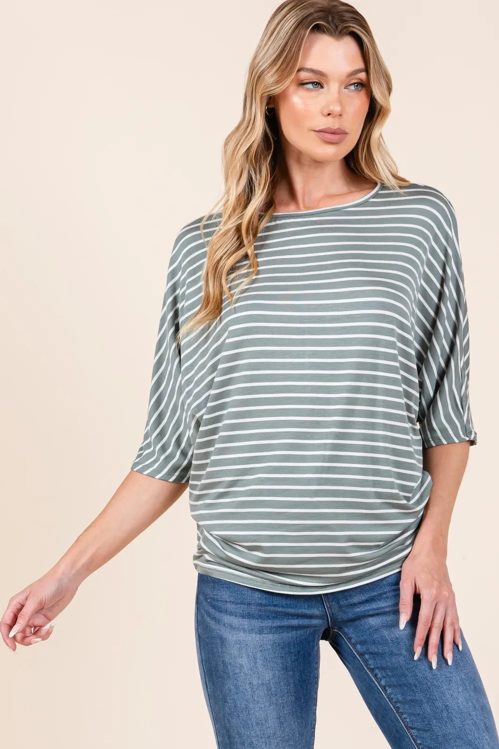 BOMBOM Striped Boat Neck Dolman Sleeve Top - Lilixa.store