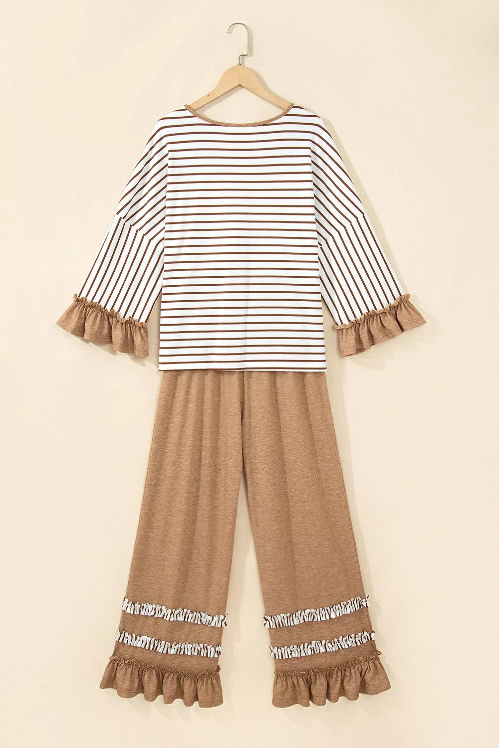 Stripe V Neck Ruffle Contrast Sleeve Top Drawstring Pants 2pcs Set - Lilixa.store