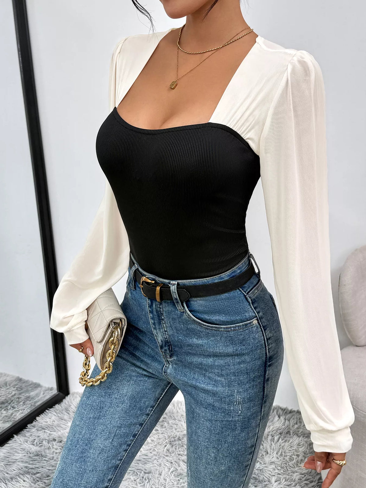 Two-Tone Long Sleeve Bodysuit - Lilixa.store