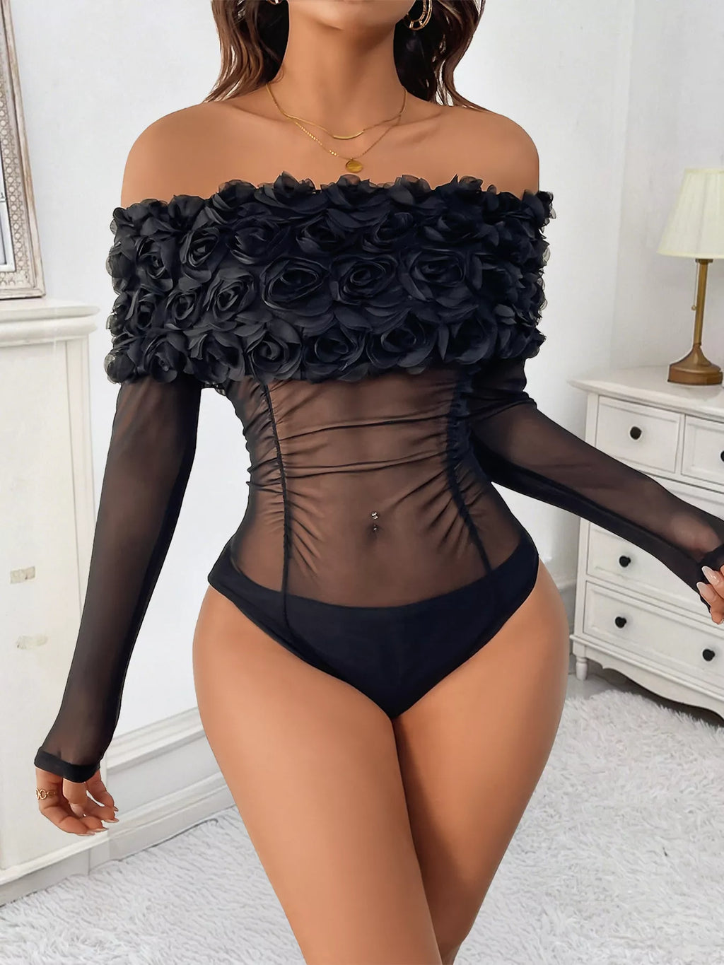 Flower Off-Shoulder Mesh Bodysuit - Lilixa.store