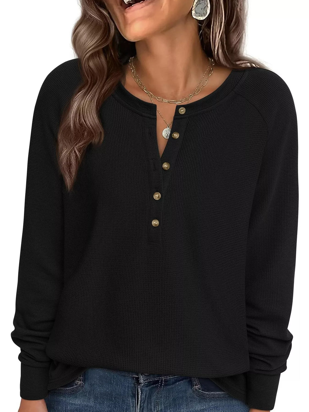 Waffle Knit Henley Long Sleeve T-Shirt