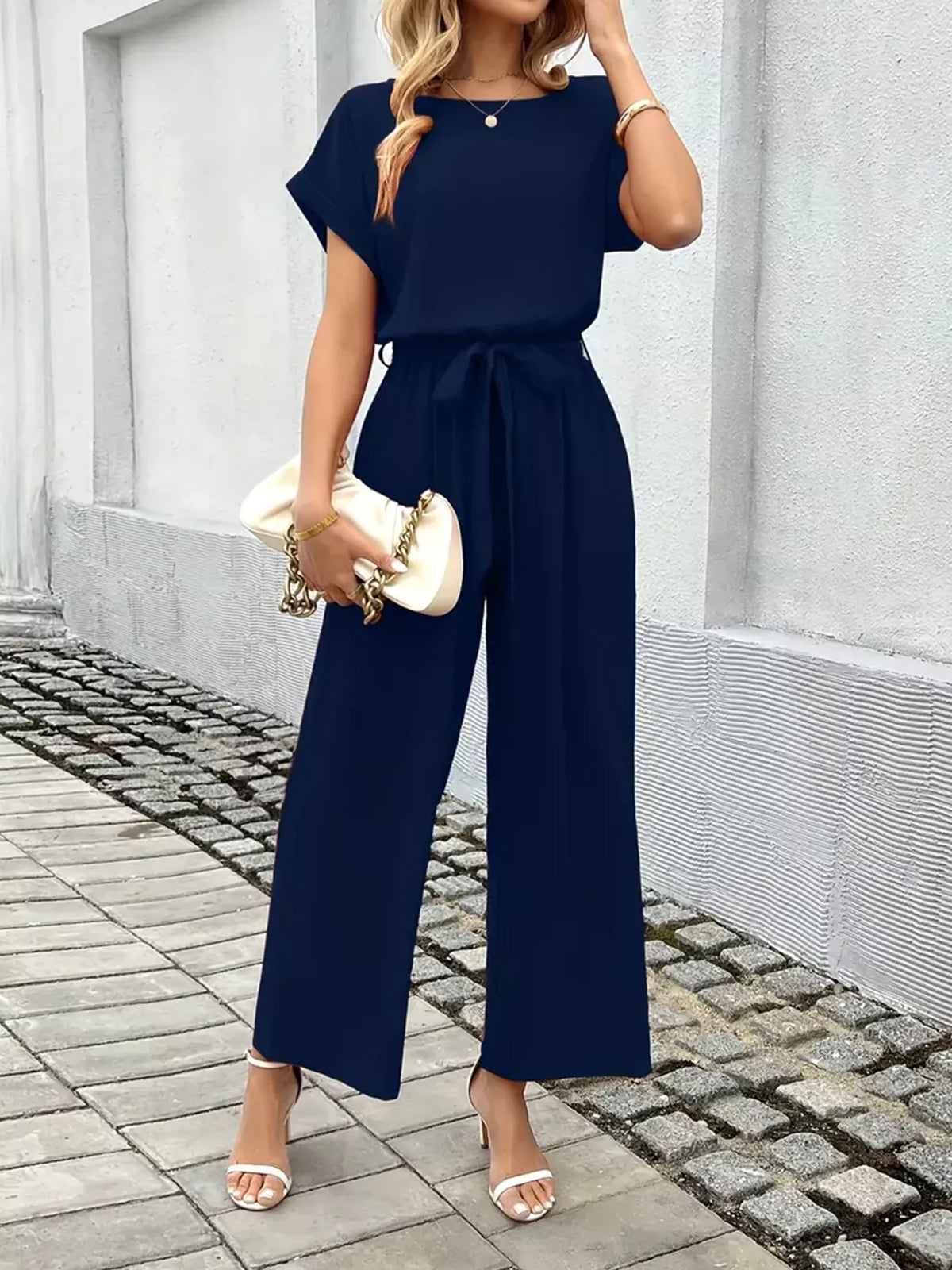 Tie Waist Wide Leg Jumpsuit - Lilixa.store