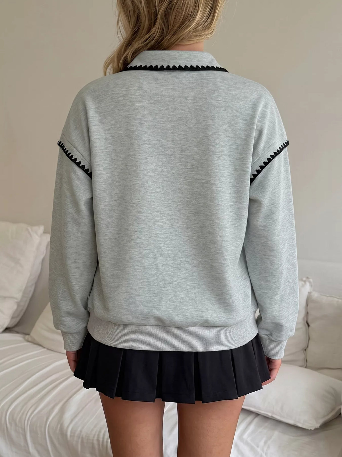Polo Collar Dropped Shoulder Sweatshirt - Lilixa.store