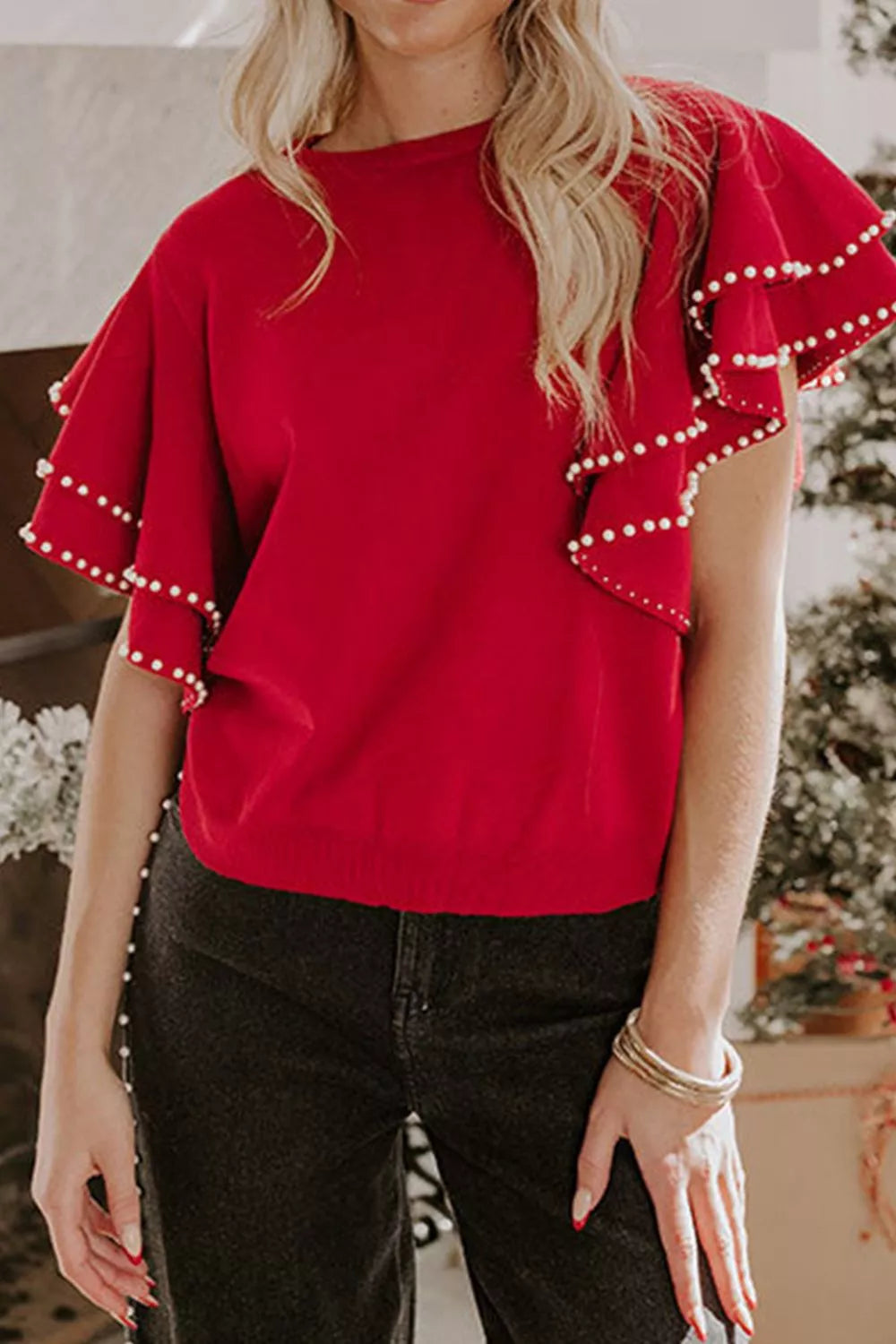 Ruffle Sleeve Pearl Embellished Knit Top in Deep Red
