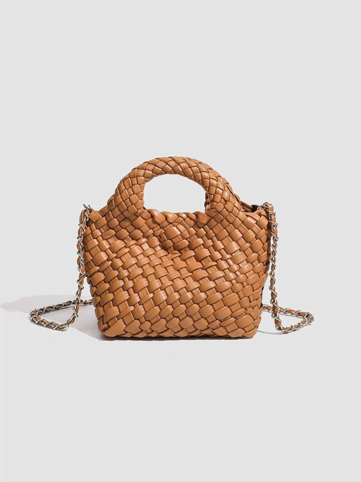 Woven Texture Mini Crossbody Bag with Chain Strap in Light Brown