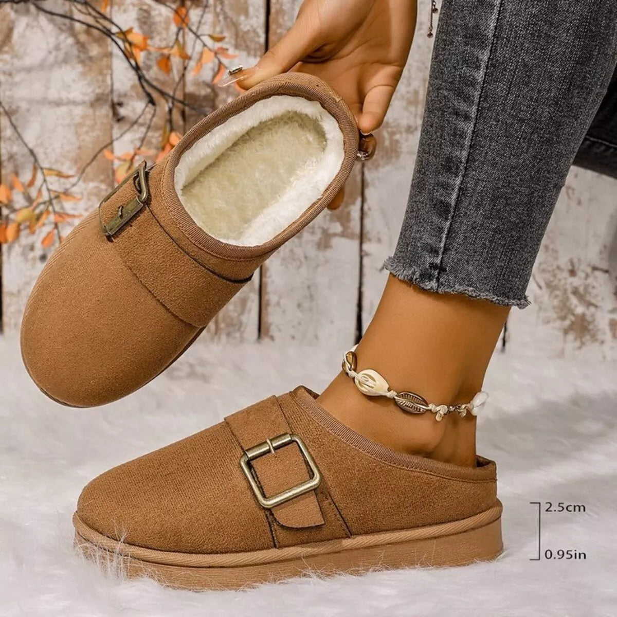 Buckle Decor Plush Lined Warm Slippers - Lilixa.store