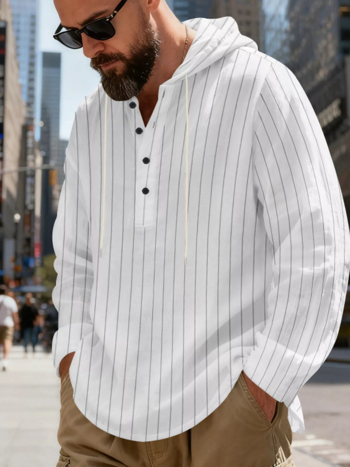 Men's Full Size Casual Striped Henley Hoodie with Drawstring Plus Size
