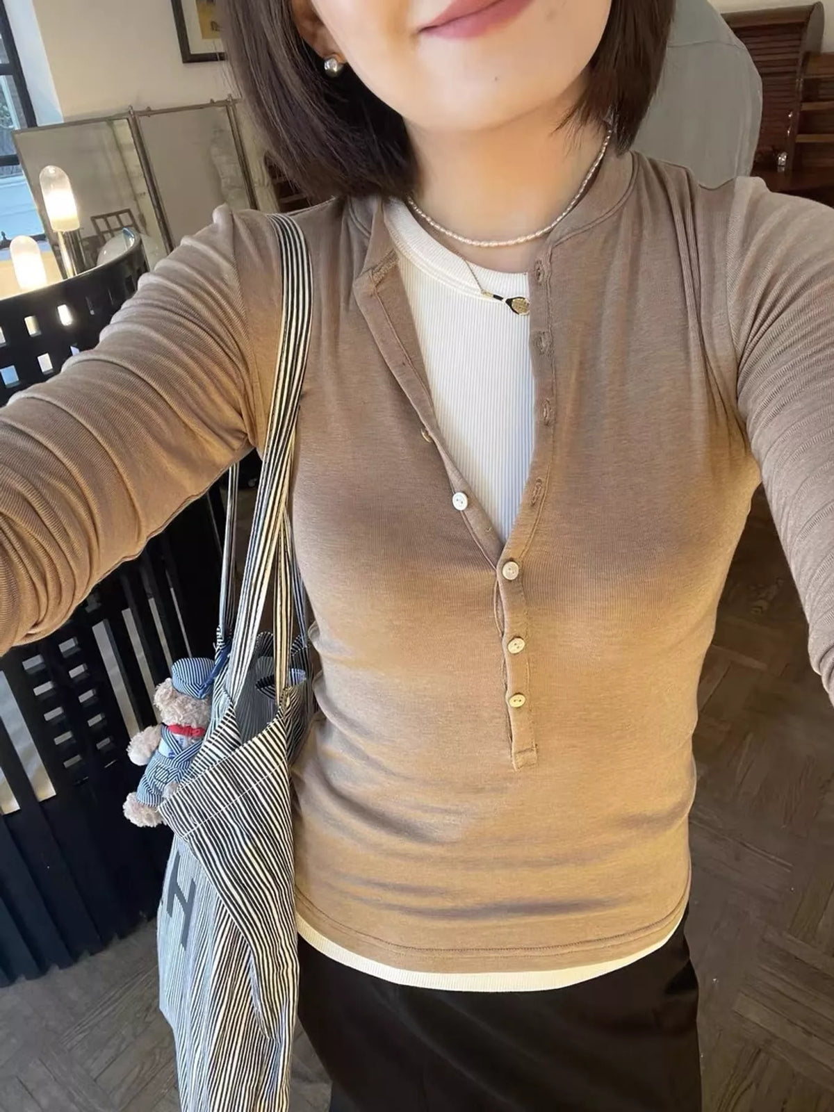 Slim-Fit Button-Down Long Sleeve Knit Top in Khaki