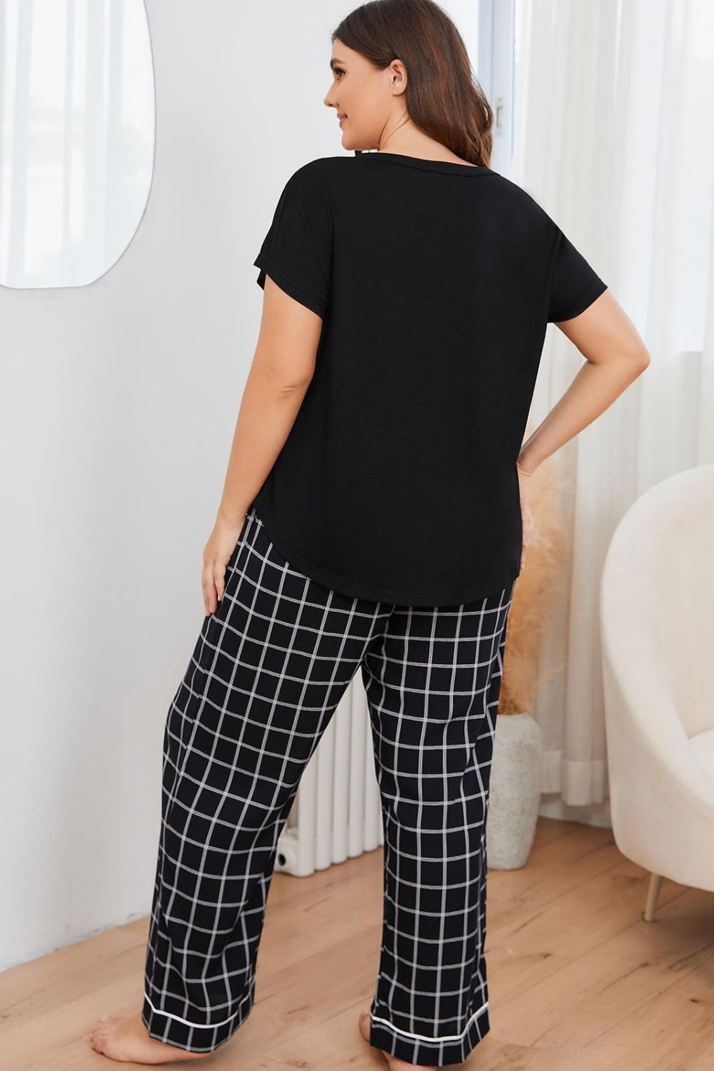 Plus Size V-Neck Top and Plaid Pants Lounge Set - Lilixa.store