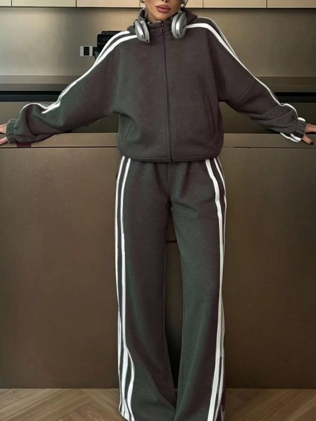 Side Stripes Zip Up Top and Pants Set - Lilixa.store