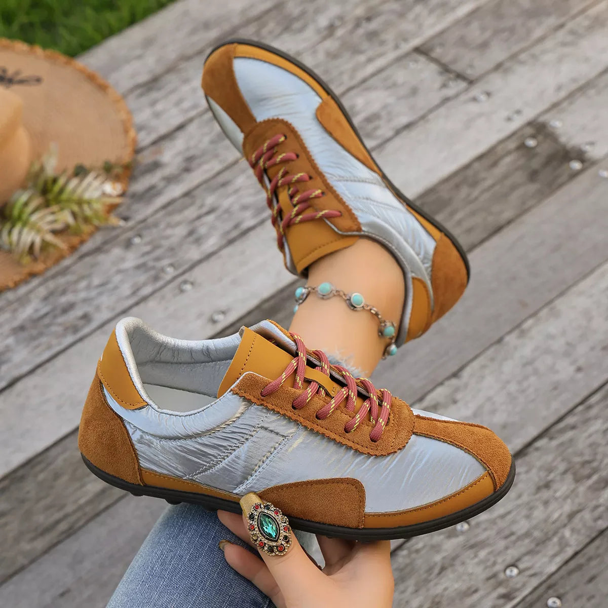 Casual Color-Block Suede and Metallic Texture Sneakers, view 7