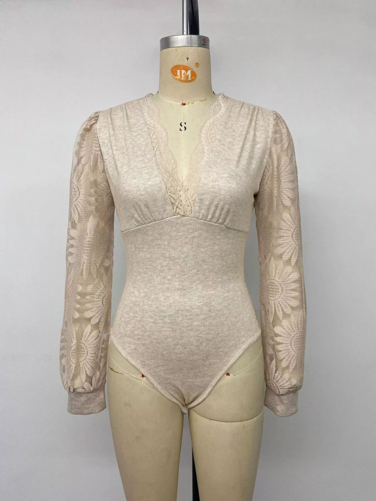 V-Neck Lace Trim Floral Mesh Sleeve Bodysuit - Lilixa.store